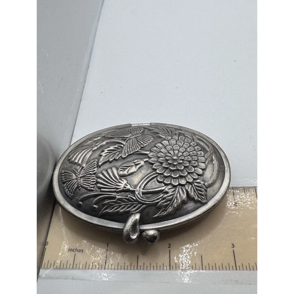 Vintage Oval Butterflies Flowers Embossed Pewter Mirrored Ornate Picture Clamp